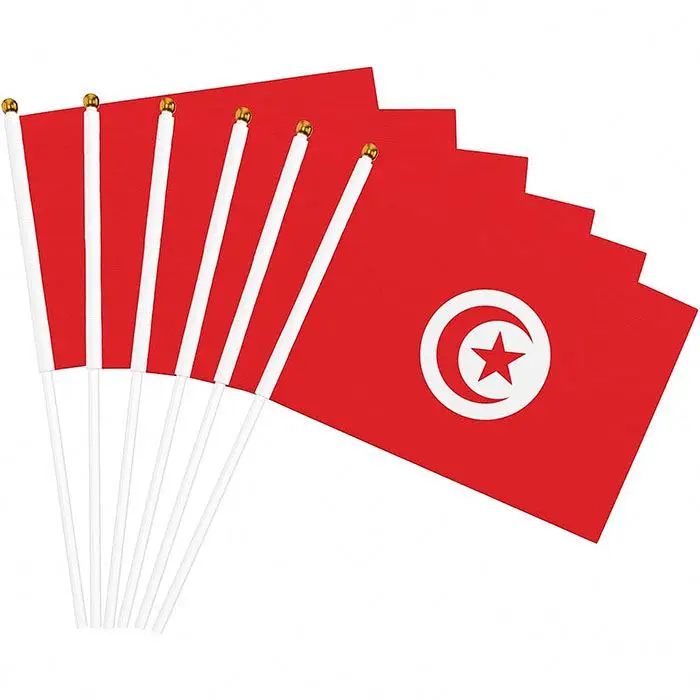 Festival Tunisian Hand Held Stick Waving Flag Of Tunisia With Plastic Flagpole Polyester Good Quality Digital Printing