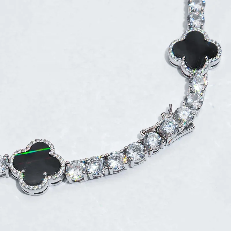 Hip Hop Fine Jewelry Passd Diamond Tester 925 Silver 3MM 4MM 5MM Moissanite Black Agate Clover Tennis Chain For Men Women