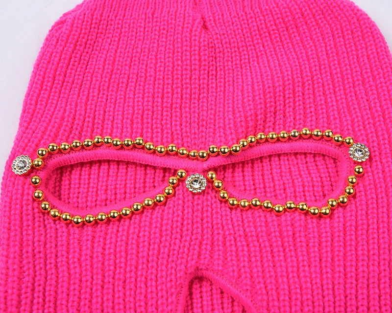 Wholesale Girly skimask beanie multicolor crocheted ribbed neck Nail drill pearls logo neon balaclava 3 hole pink ski masks
