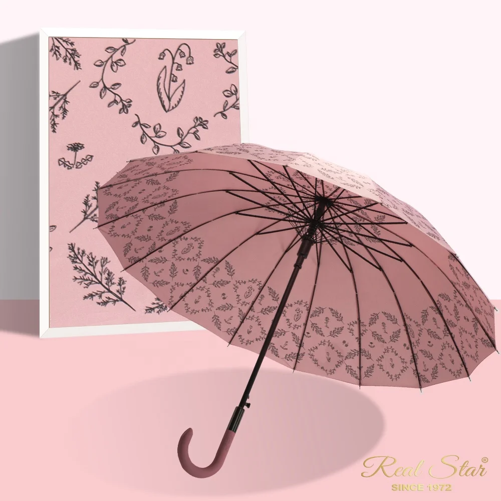 RST new printing long straight woman rain umbrella updated handle 16 ribs windproof umbrella