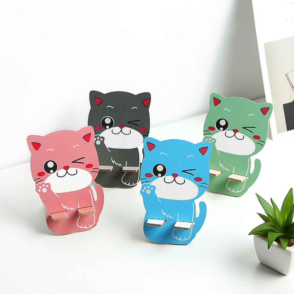 Mobile Phone Holder Cute Cartoon Cats Wooden Mounts Stand Desktop Bracket Accessories for Iphone Samsung Xiaomi Huawei Phone