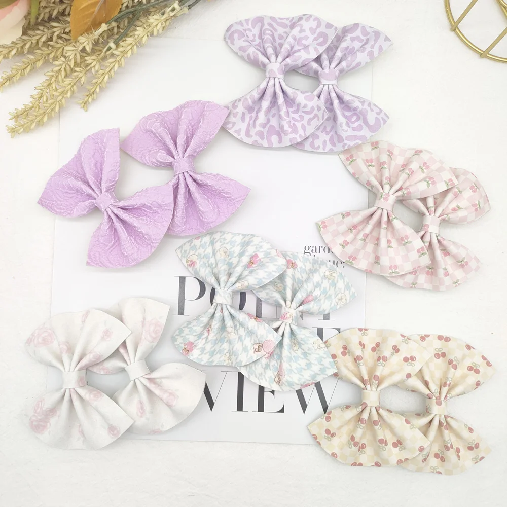 Factory Wholesale Custom Soft Leather Fabric Bow Hair Clip For School Kid Sweet Cute Color Ribbon Hair Bow for Women Baby