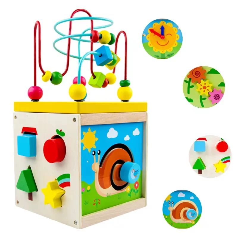 Multifunction 5in1 Education Montessori Board Baby Activity Busy Cube Toddler Wooden Bead Maze
