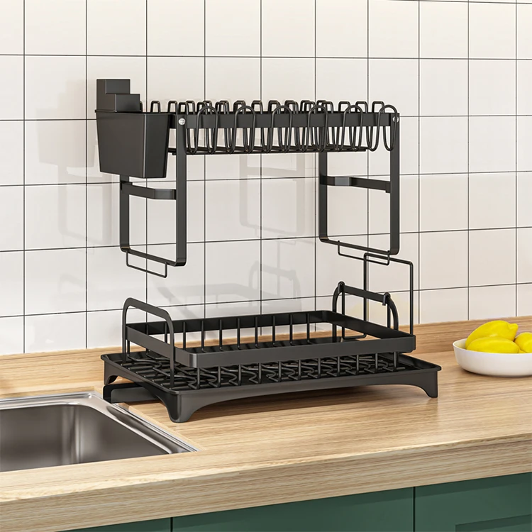 shelf organizer holder double layer iron drainer dish plate storage with wine glass rack tableware black for kitchen over sink