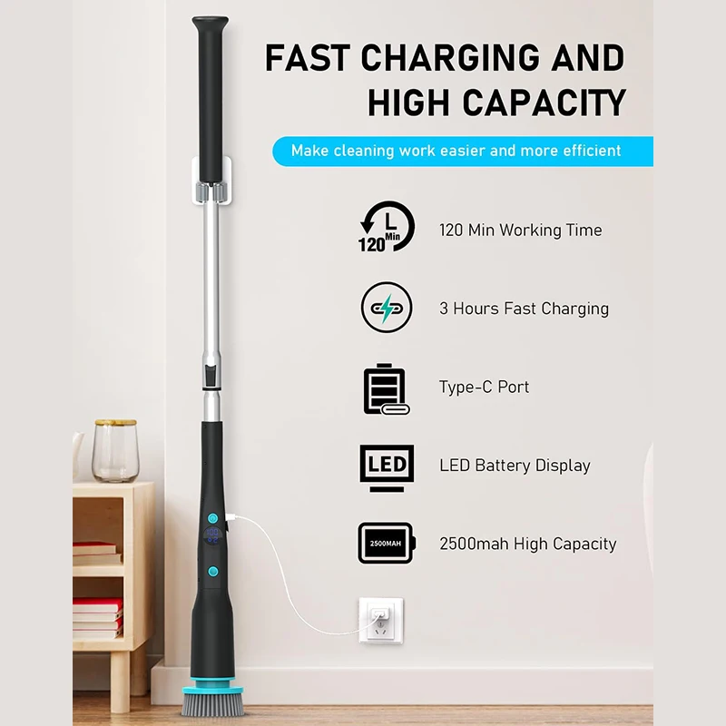7 in 1 Waterproof Electric Cleaning Brush Cordless Shower Scrubber with Adjustable Handle Dual Speed for Cleaning Bathroom