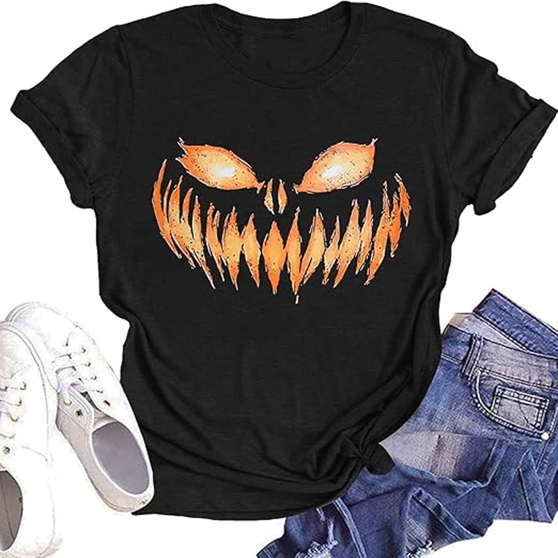 Pumpkin Halloween Shirt for Women Pumpkin Graphic Tee TV & movie Costume Shirt Fall Short Sleeve T-Shirts Party Dresses