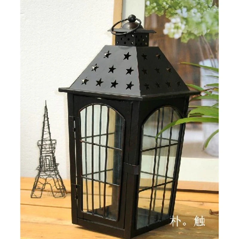 house shape black metal lantern candle holders