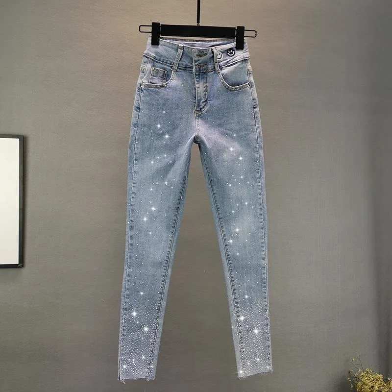 Blue Stud Diamond Fashion knitted Washed Bowknot High Waisted Skinny Jeans for Women
