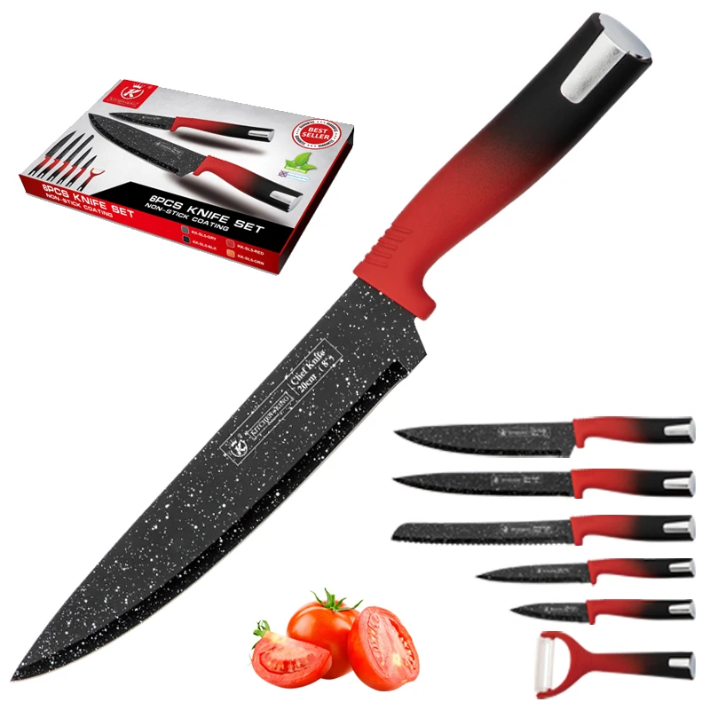 Kitchen King Red Gradient 6 pieces black chef knife set non stick marble coating knife with gift box Anti rubber handle