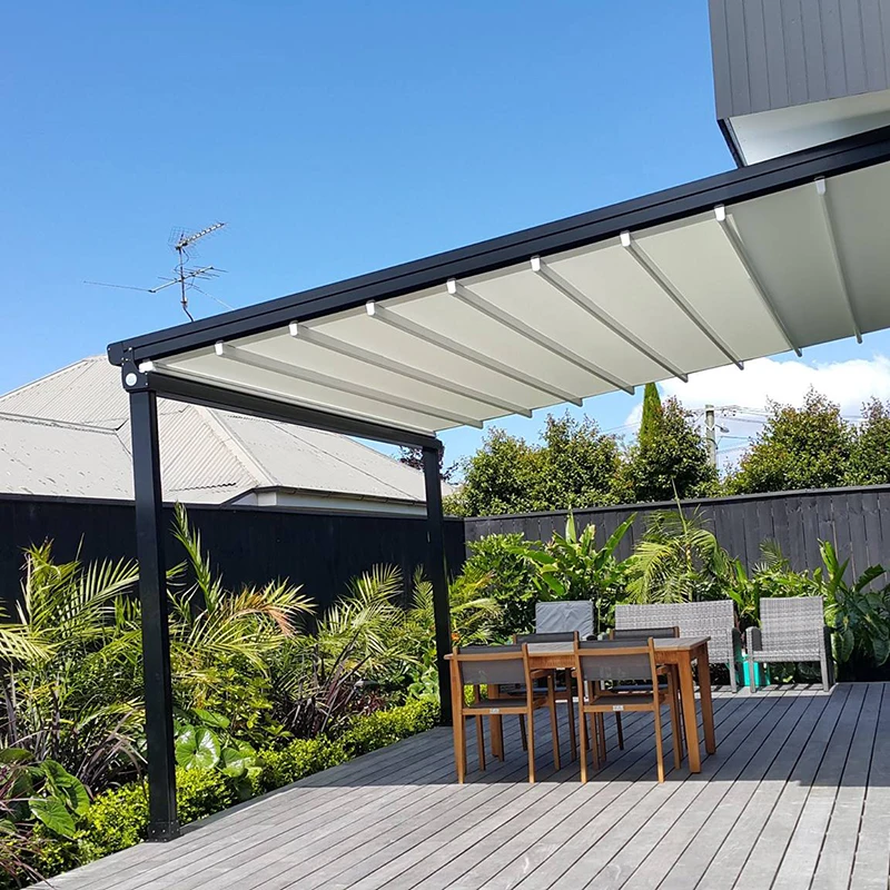 fully retractable Eco friendly waterproof de hierro forjado automatic sunshade PVC roof pergola in ferro battuto with LED