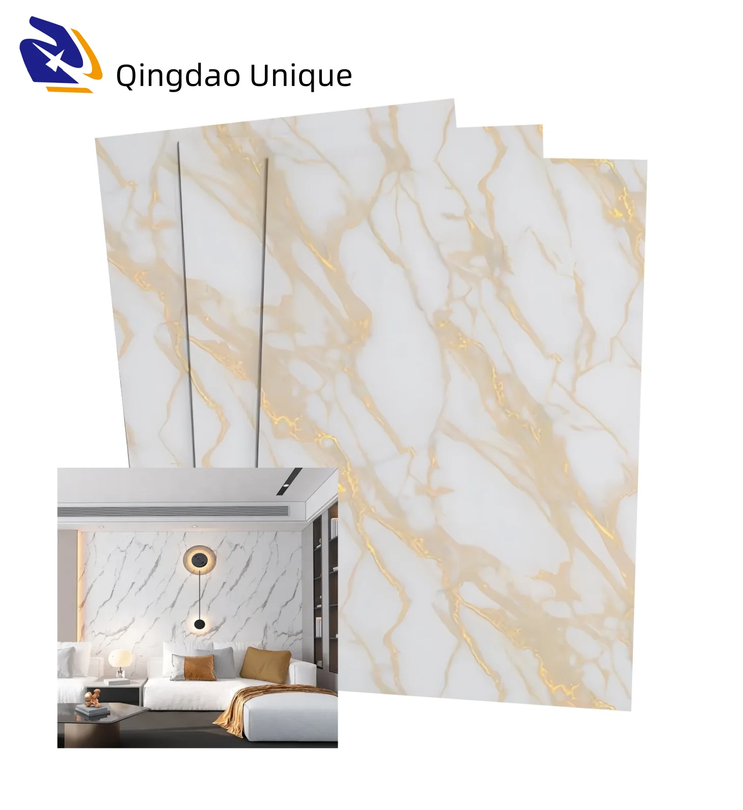 White Gilding Marble Design PVC Film For Wall Panel  Gilded Stone Color Not Self Adhesive PVC Sheet For Furniture Laminating