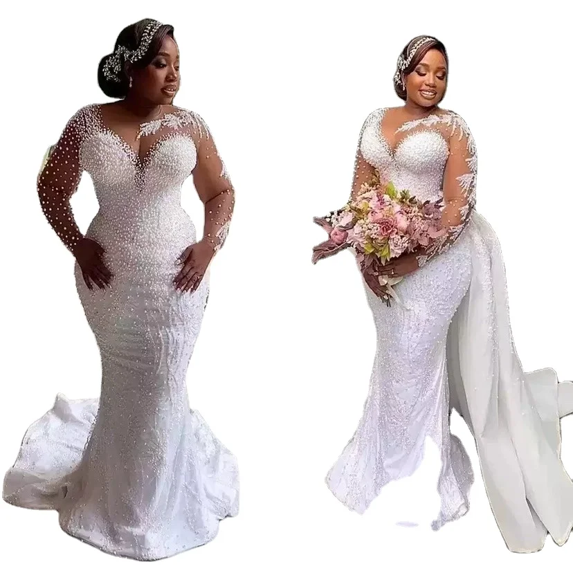 2024 Hot New African Plus-size Wedding Bride Fish Tail Removable Wedding Dress Embroidery Pearl High Quality Wedding Dress