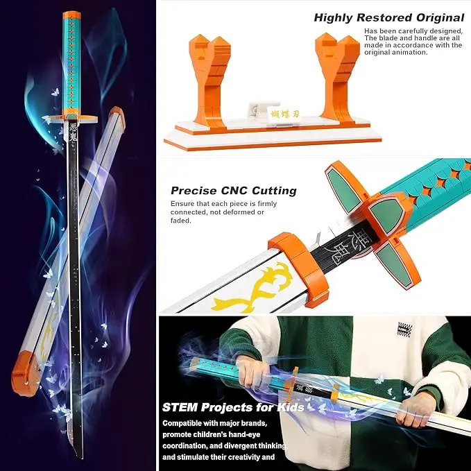 Demon slayer sword building block set, with scabbard and bracket, Cosplay animation sword building toy set, with luminous.