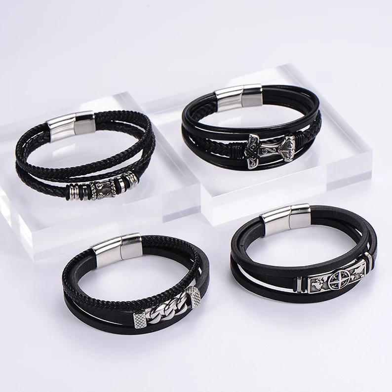 2024 New Multi Layer Braided Lion Dragon Thor Hammer Compass Mens Black Leather Bracelet Magnetic Clasp