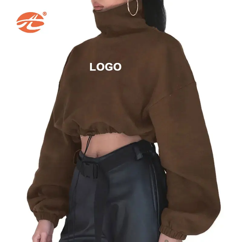 Hot Sell Women Winter Autumn Clothes High Roll Neck Oversized Hoodies Crop Top Adjust Buckle Sweatshirts Fleece Hoodies