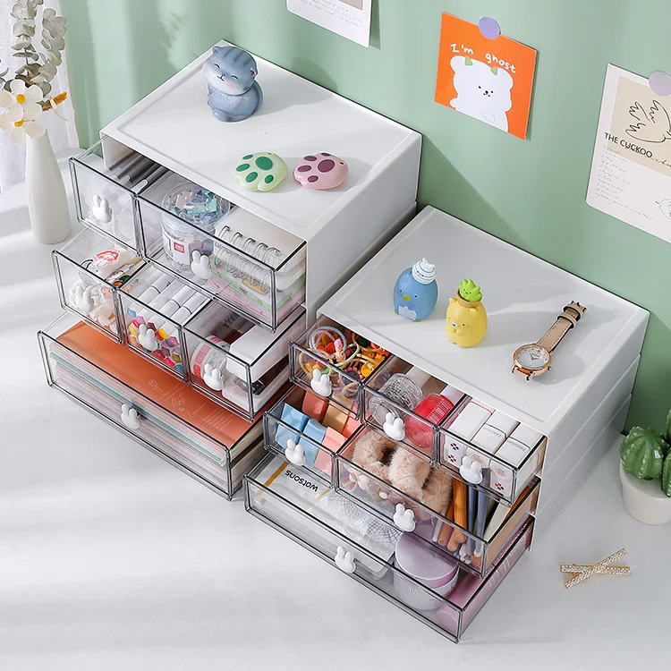2022 new stationery office supplies transparent drawer white stackable storage box desk organizer