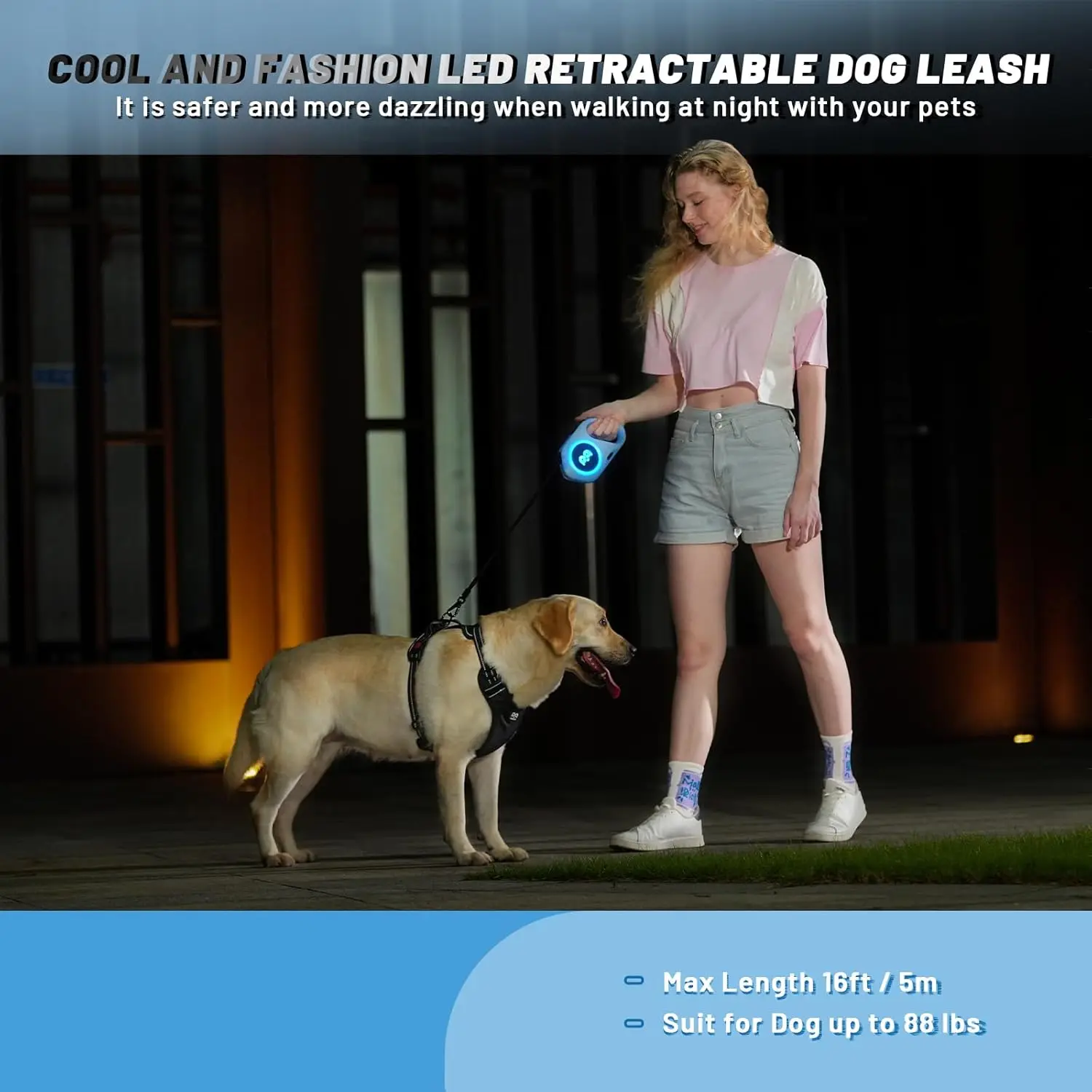 Retractable Dog Leash with Rechargeable LED Light - Strong Nylon Tape for Night Walks up to 88lbs Pet - 360 Tangle-Free