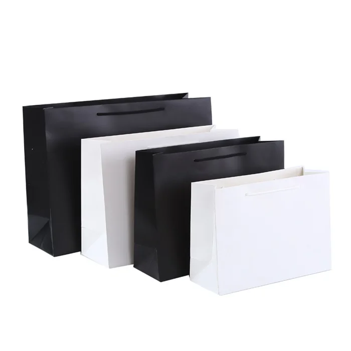 small draw string  reusable wholesale white and black Kraft paper shopping gift bags with custom logo