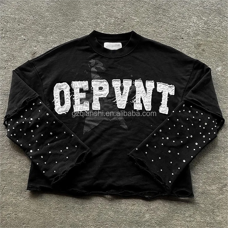 Custom round neck 240 gsm cotton Oversized Vintage Distressed Acid Wash boxy T Shirts black Double Layer Long Sleeve T-shirts