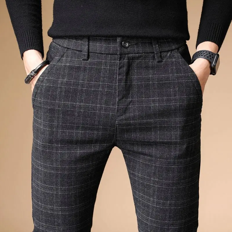 Casual Office Pants Skinny Plaid Mens Formal Cotton Trousers Slim Fit for Men Suit Pants Long