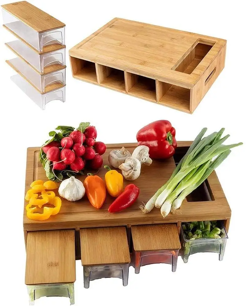  Bamboo Cutting Board With Containers/Trays/Drawers Chopping Set Storage