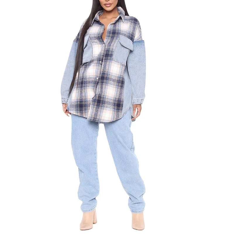 Модная женская фланелевая джинсовая контрастная рубашка оверсайз с длинным рукавом