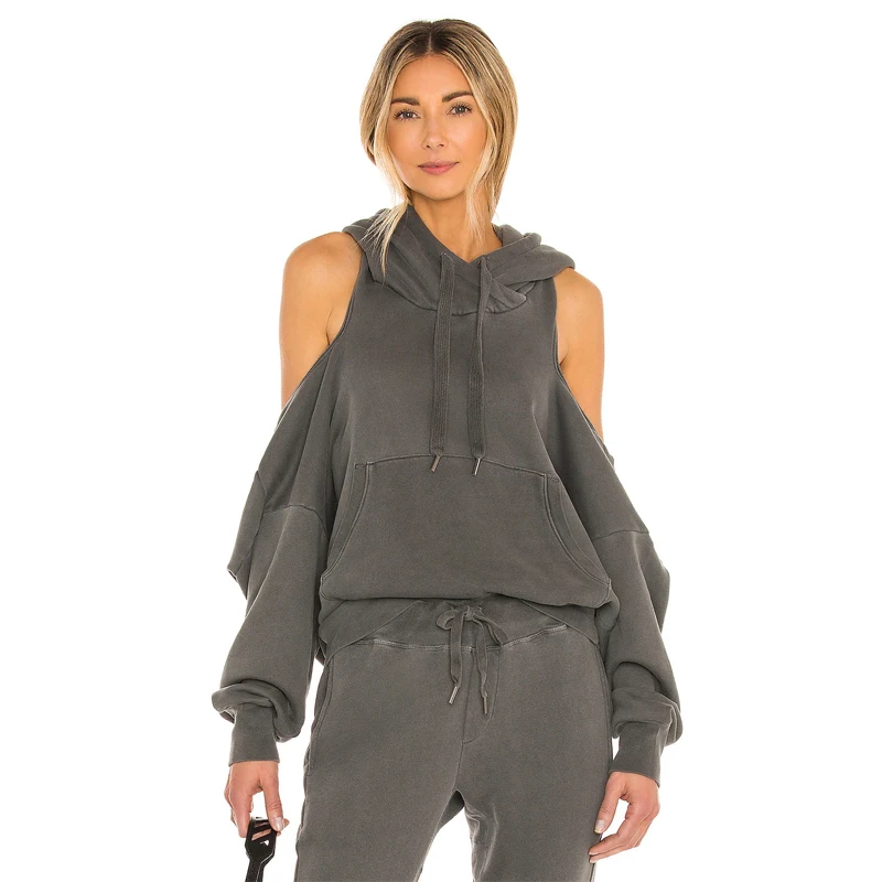 Custom women casual  fashion street high quality wear sexy cut out off shoulder Ribbed long sleeves cuffs hoodie