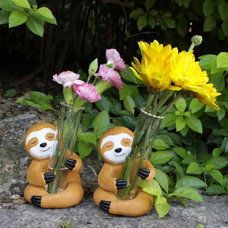 Modern Resin Sloth Holding Small Transparent Glass Tube Flower Vase
