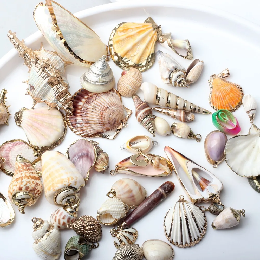 Hot Natural Sea Cowrie Seashells Charm Wrapped Conch Shells Plated Pendants Summer Ocean Sea Charm for Jewelry Making