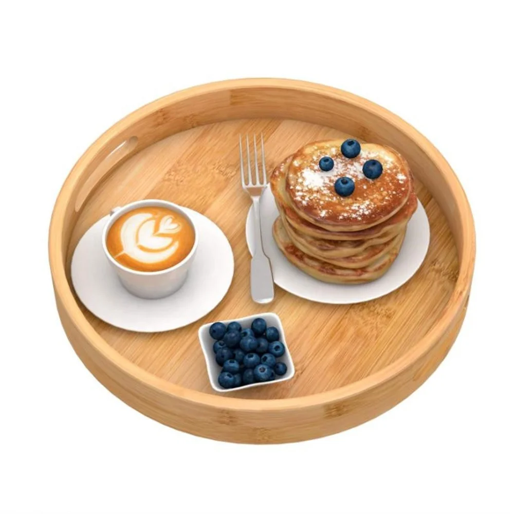 Rustic Ottoman Tray Acacia Wood Circle Tray Round Wooden Food Serving Tray with Handles