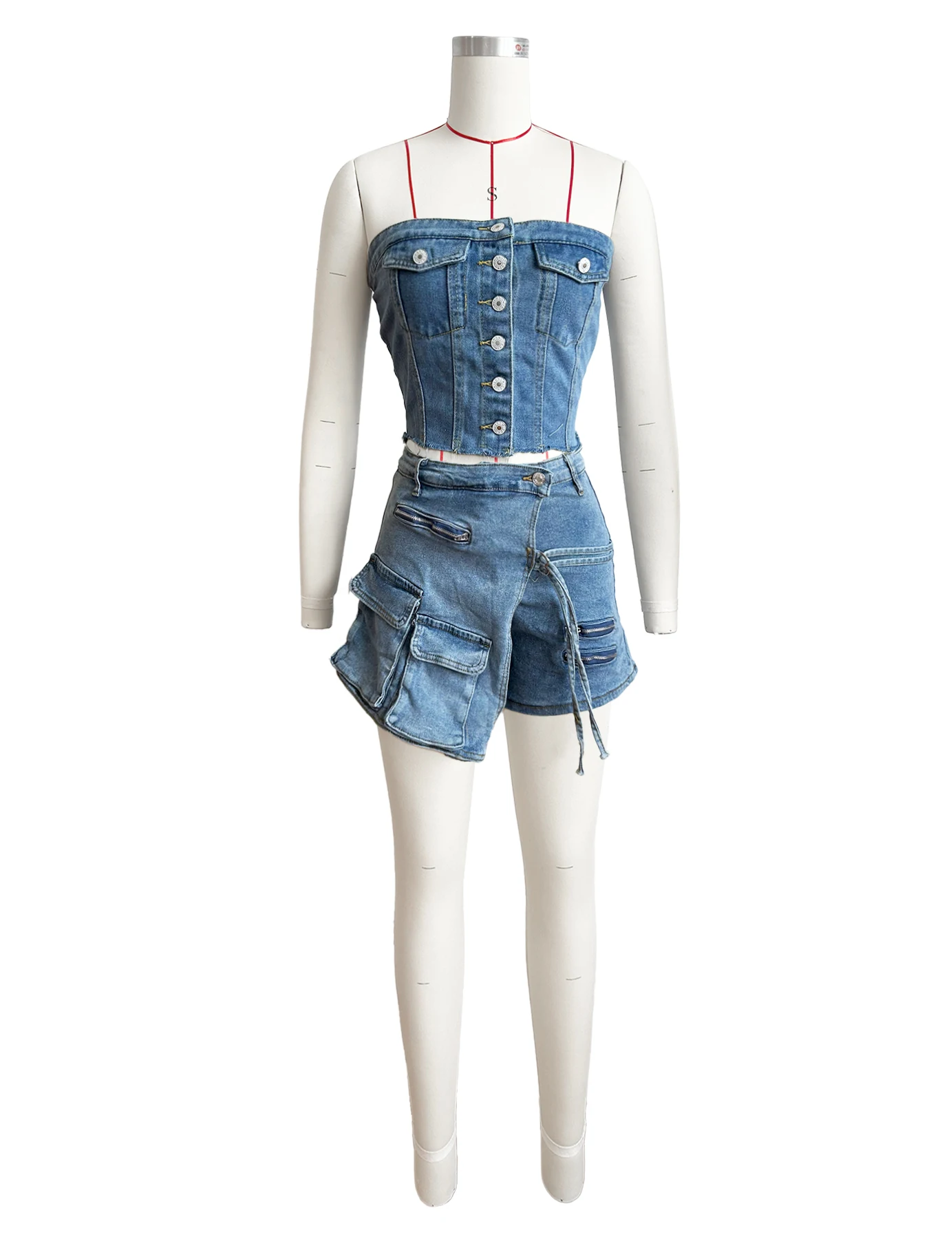 OJW052154 Summer casual two pieces short set with tube top and denim cargo shorts