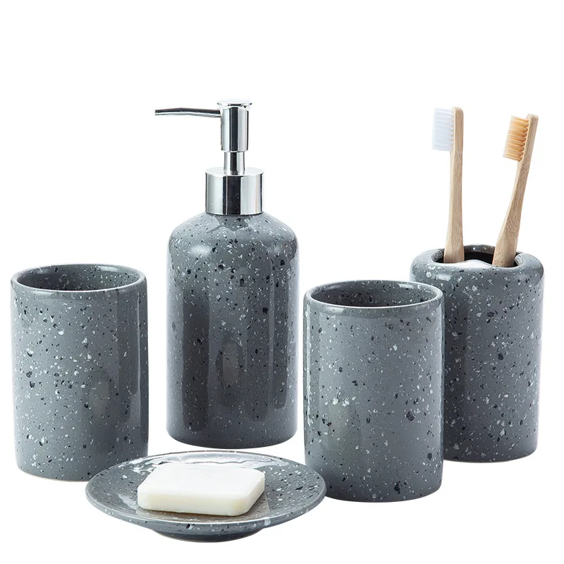 Ceramic Bathroom Accessory Set in Tray Soap Dispenser Cup Bathroom Soap Dish Toothbrush Holder