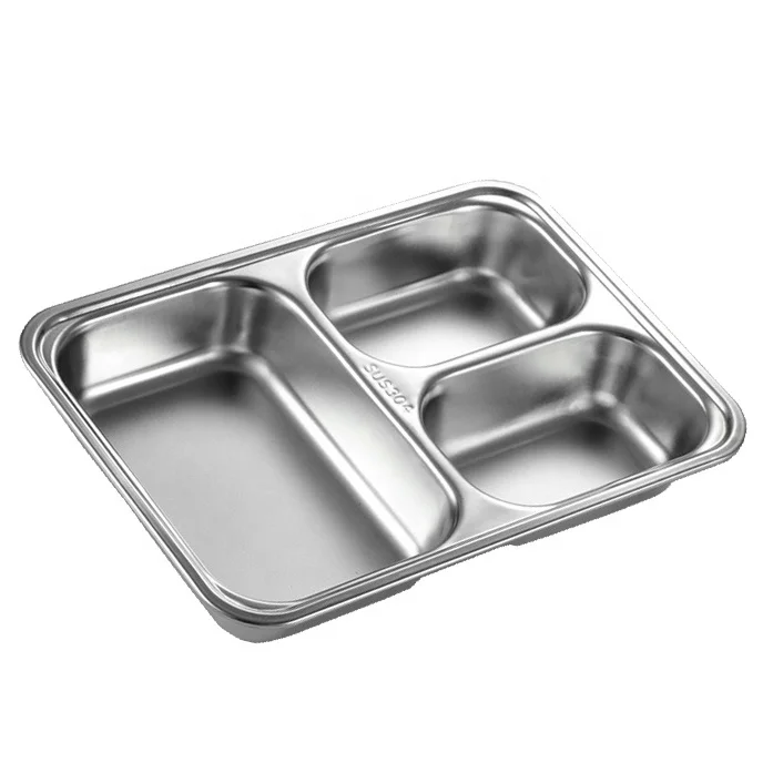 Child kid used food grade food container compartment bento plate stainless steel food tray for canteen school