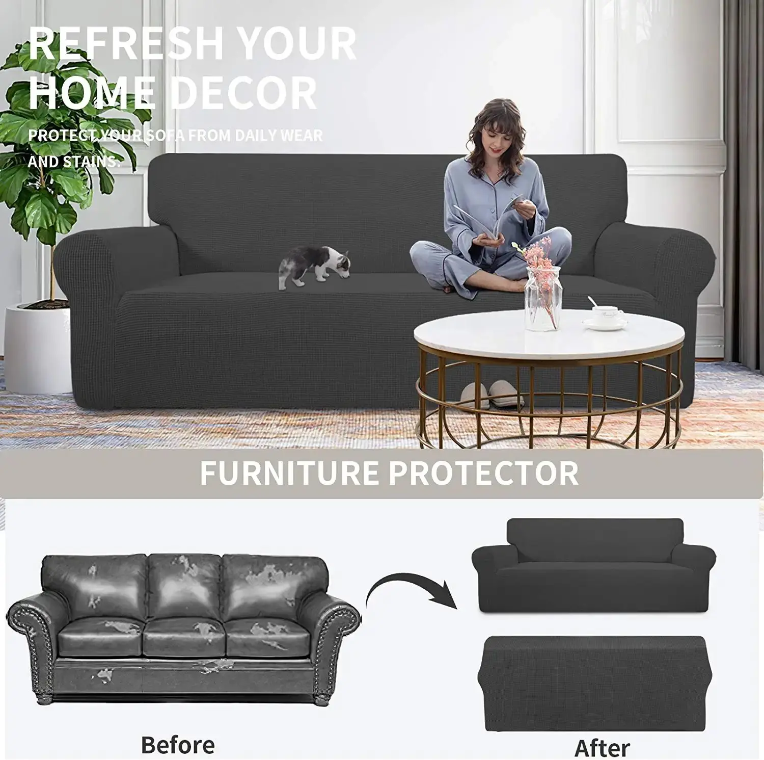 Stretch Polyester Jacquard Checks Furniture Protector Couch Soft Slipcover Sofa Cover with Elastic Bottom