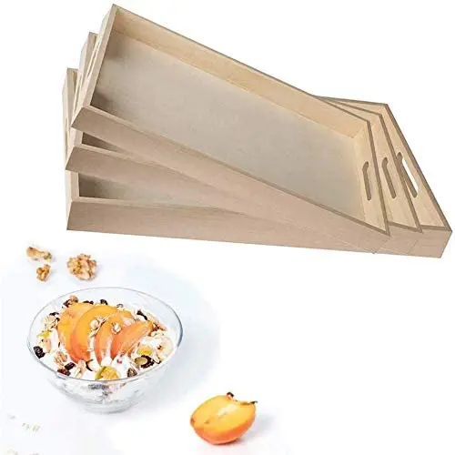 
Rectangular Shape Natural Unfinished Wooden Serving Tray for Crafts with Cut Out Handles 