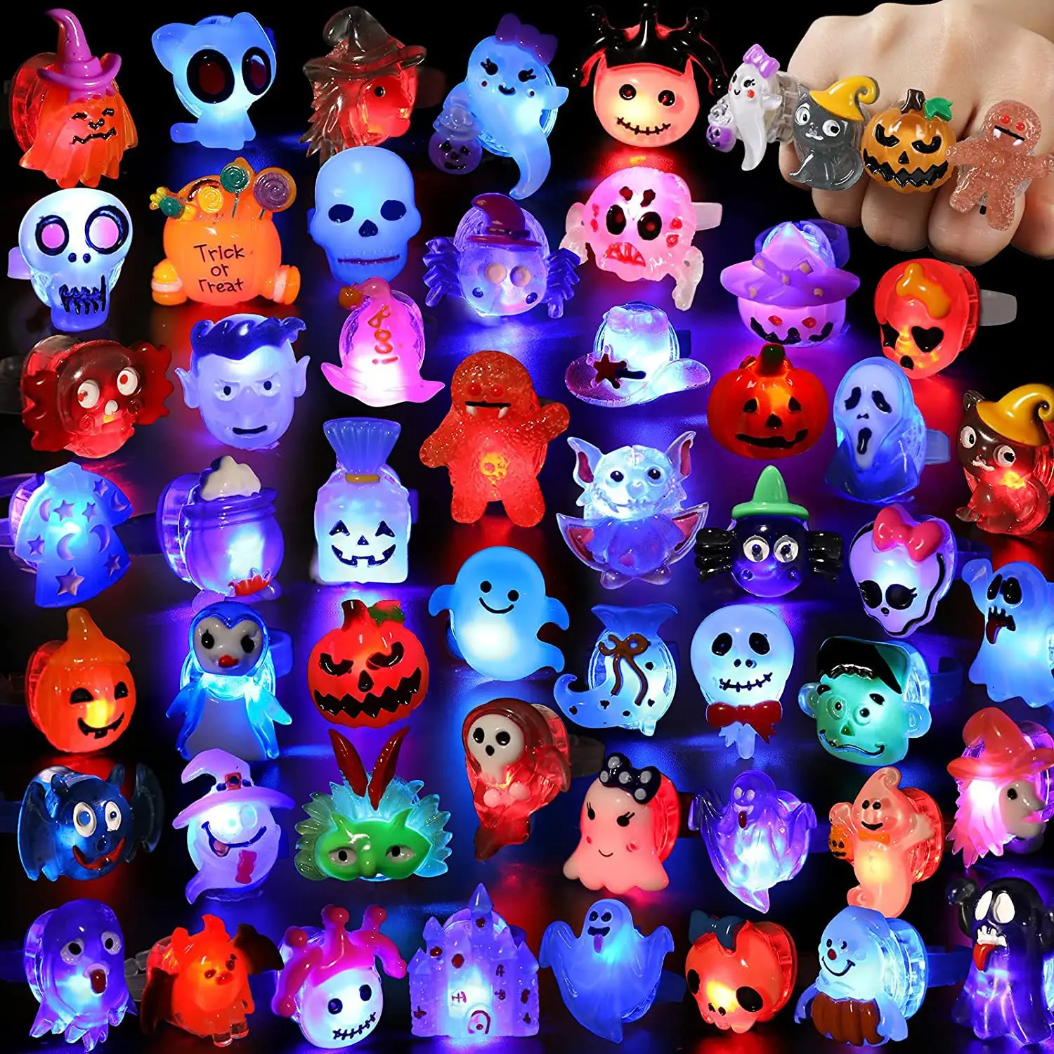 50pcs/Box Festival Halloween Lights Pumpkin Ghost Bat Grim Reaper Candy Open Adjustable Finger Ring Party Halloween Gifts