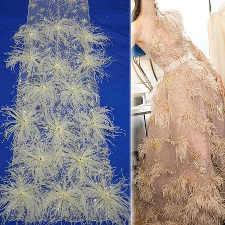 3d lace feather gold silver line supply beautiful sequin tulle fabric fabric  for wedding dress fashion show