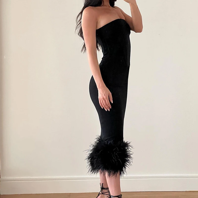 2023 Sexy Elegant Ostrich Feather Trim Black Strapless Bandage Bodycon Midi Dresses For Women