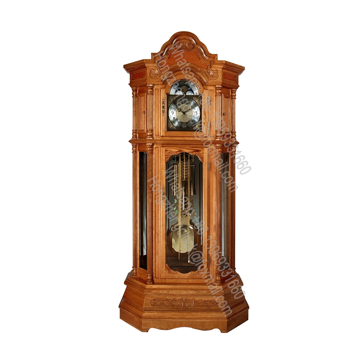 Graceful split pediment features olive ash burl overlay finial decorative shell ornament Wooden Floor Grandfather clock