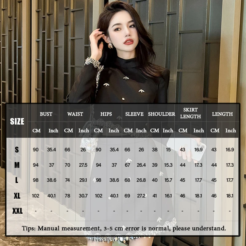 ZYHT New Casual 2 Piece Set Elegant For Women Crop Top Skirts Set Shiny Beading Black Solid Blouse and A-line Skirt Suit