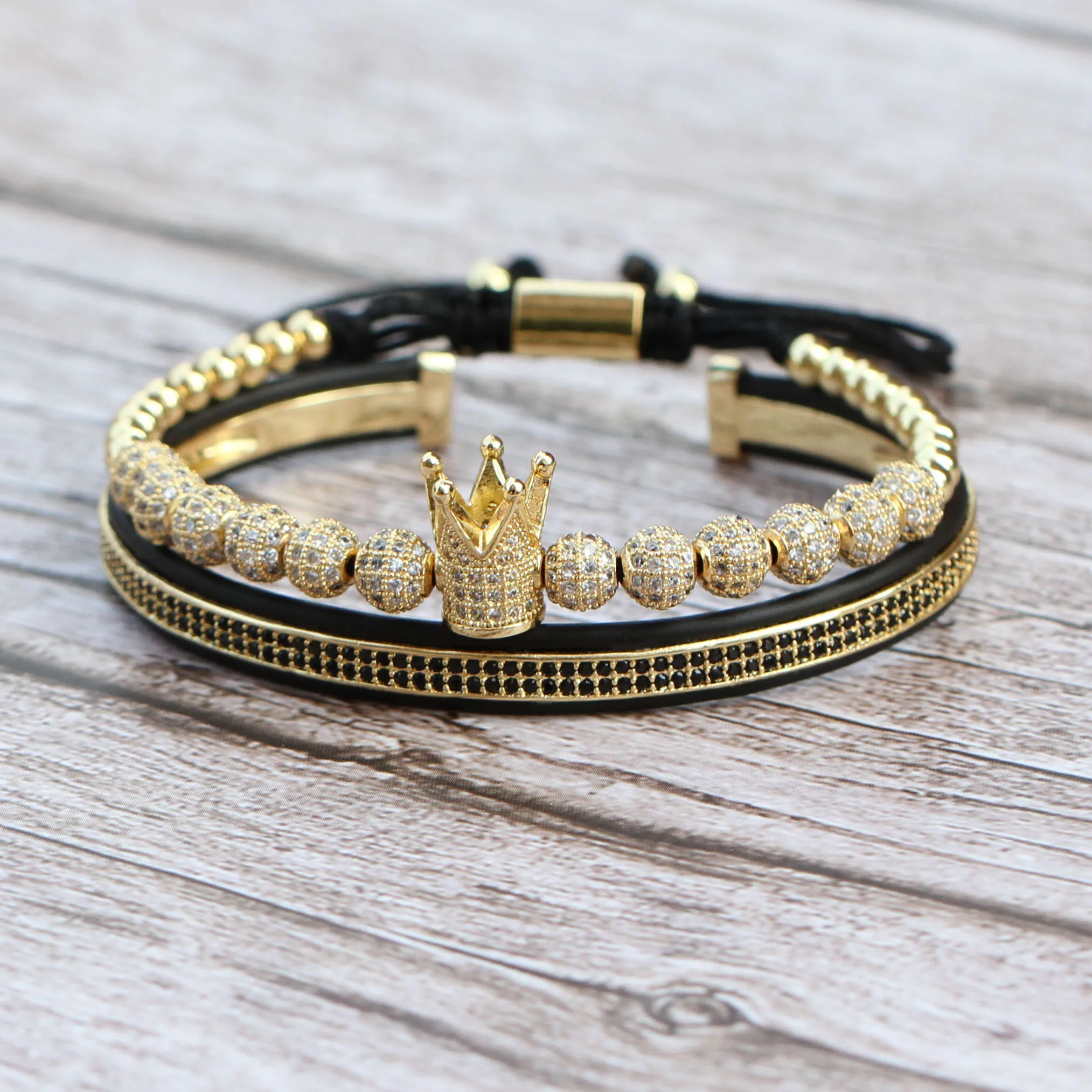 New Luxury Custom Jewelry Crown CZ Balls Zircon Spacer Bead Bracelet Charm Braided Macrame Adjustable Men Bracelet
