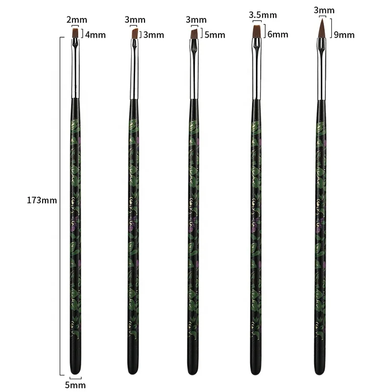 5PCS set Nail Art Brushes Wood Flower Acrylic Gel UV Polish Painting Builder DIY Salon Pen Flat Brush Kit Styling Tools Manicure