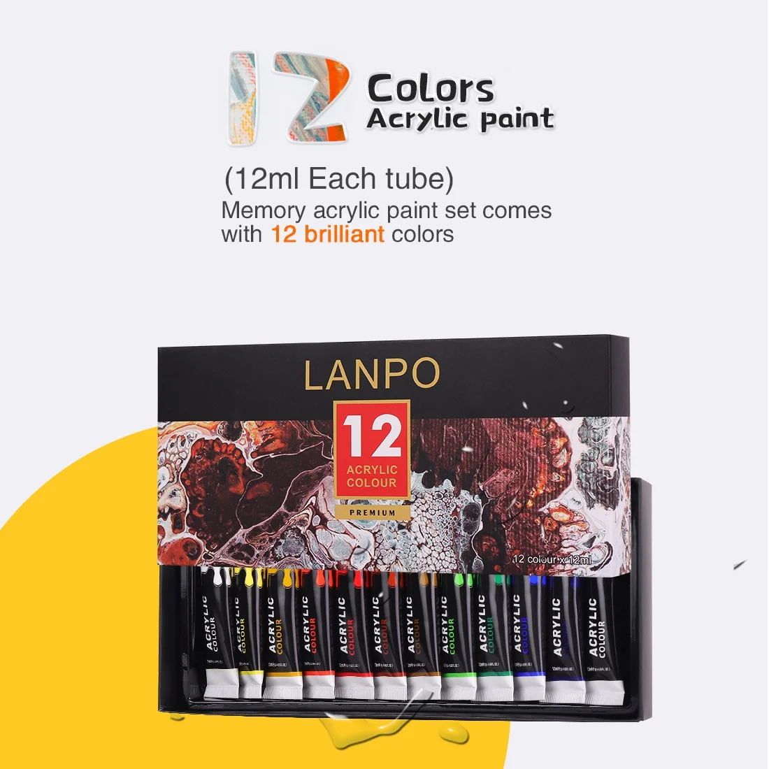 Professional 12-Color Acrylic Paint Set Wall Textile Shoes Nail Art Hand Painted DIY Toxic Glass OEM Packaging-for Canvas Paper