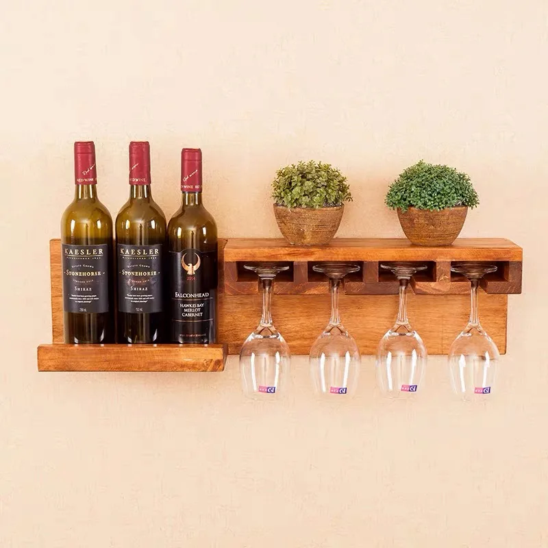 Factory Sale Pine Wood Color Wall-Mounted Wine Shelf Bamboo Bottle Wooden Glass Holder