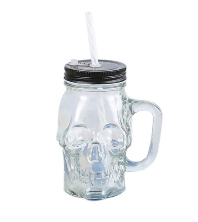 500ml Wide Mouth  Glass Drinking Water Cup 16 oz Glass Mason Jar  With Handle With Metal Lid