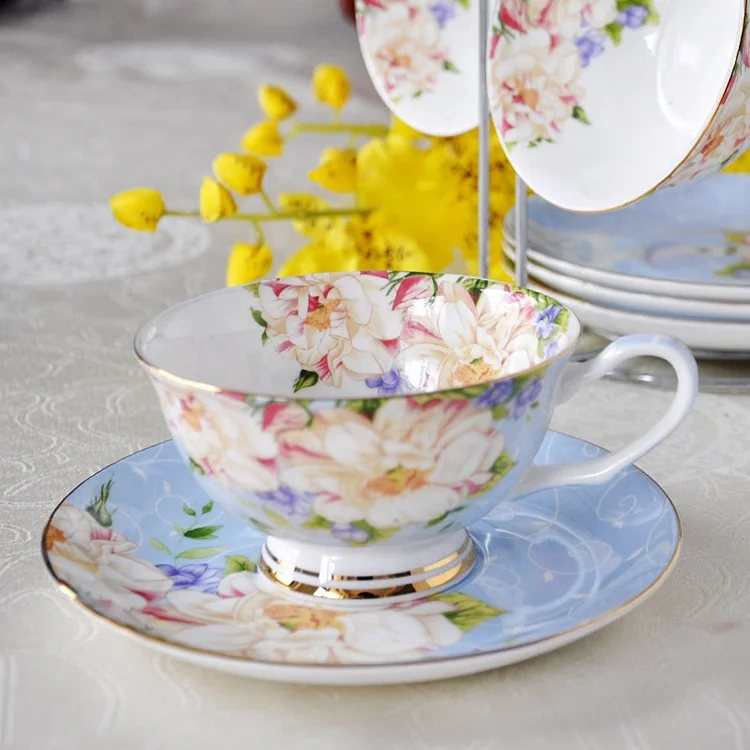 15PCS Elegance Flower Decal Tangshan Porcelain Fine Bone China Tea And Coffee Set Manufacture For Wholesale