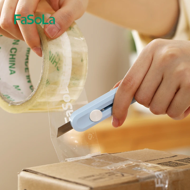 FaSoLa Simple Mini Box Cutter Retractable Utility Knife Package and Box Opener for Cartons Office and Home Use White/Blue