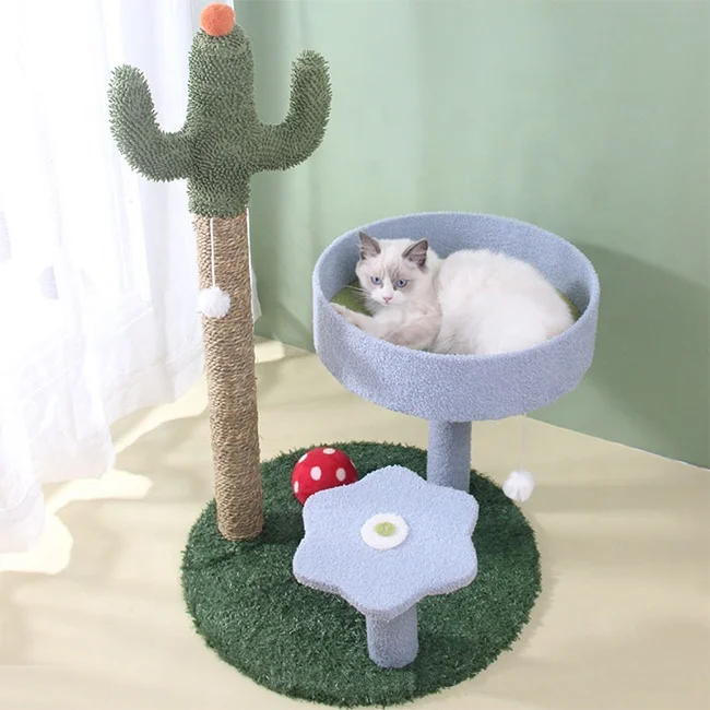 Luxury Cat Playing Climbing Scratching Post Furry Ball Toy Cat Tree House Mushroom Cactus Green Cat Trees & Scratcher