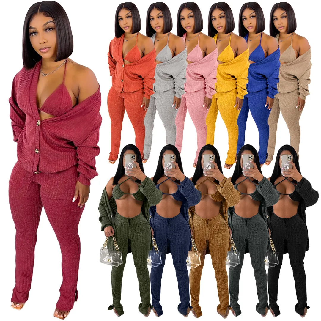 Wholesale High Quality Women Outfit 3 Pieces Legging knitted Tracksuit Set Women Jog Suit Bra Top Sweater Set In Stock