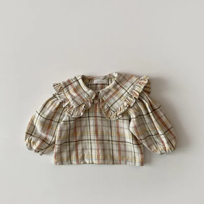 Korean Style Fashion Spring Autumn Children Blouses Long Sleeve Cotton Plaid  Sweet Baby Girl Shirt